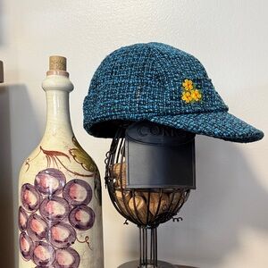 Blue Tweed Women's Cap with Floral Embroidery